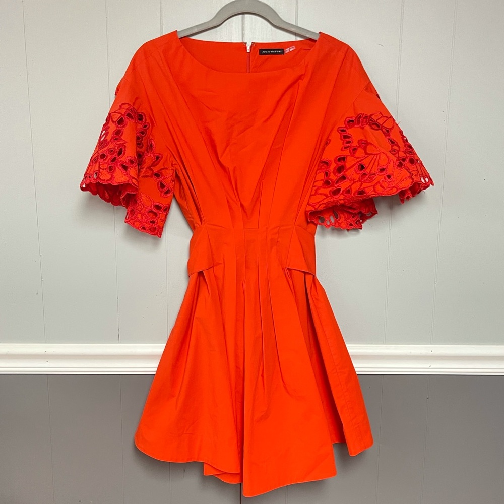Natori Bright Orange Mini Dress with Embroidered Flutter Sleeves
